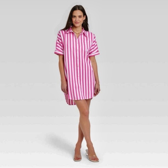 NWT A New Day Pink And White Button Up 100% Cotton Striped Shirt Dress Size XL - Picture 9 of 9